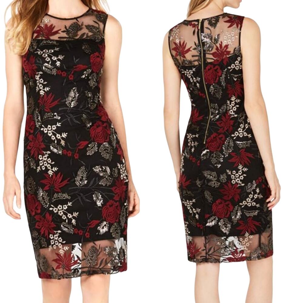 NEW Calvin Klein Sz 0 Floral Whimsigoth Fairy Embroidered Sequin Sheath Dress